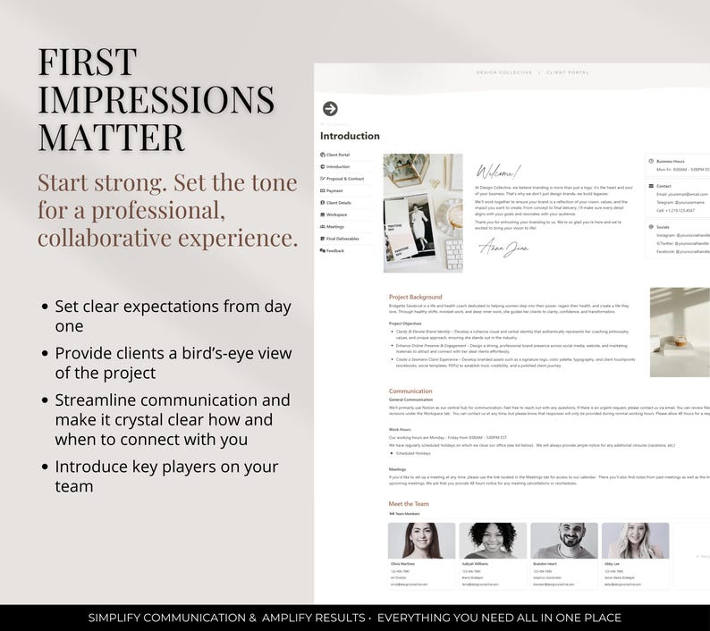 Puede incluir: Un documento blanco y gris con el texto "First Impressions Matter" en letras grandes, negritas y marrones. El documento destaca la importancia de establecer expectativas claras, proporcionar una visi&oacute;n general del proyecto, optimizar la comunicaci&oacute;n y presentar a los miembros clave del equipo. El documento tambi&eacute;n incluye un mensaje de bienvenida, una secci&oacute;n sobre el contexto del proyecto y una secci&oacute;n "Conoce al equipo" con fotos de cuatro personas.