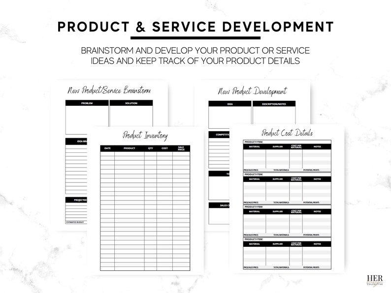 May include: Black and white printable worksheet for product and service development. The worksheet includes sections for brainstorming new product or service ideas, product inventory, new product development, and product cost details.