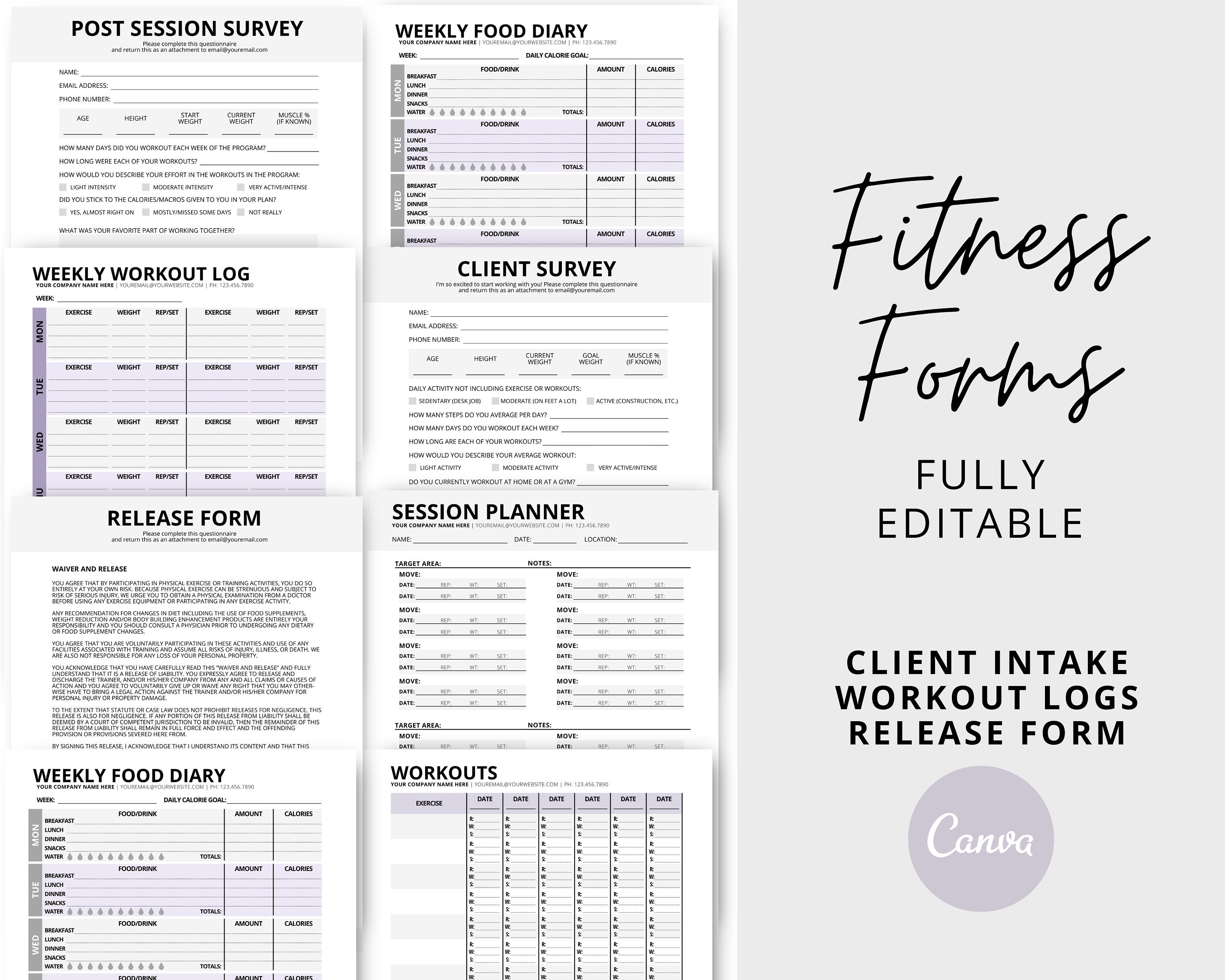 Personal Trainer Forms Editable Templates Workout Logs for - Etsy