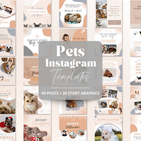 Pets Instagram Templates, Pet Posts, IG Cat Dog Canva Template, Editable Pet Store Veterinarian Social Media Templates