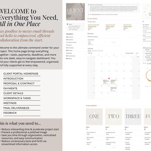 Puede incluir: Una maqueta de sitio web blanca y gris con el texto "Bienvenido a todo lo que necesitas, todo en un solo lugar" y "P&aacute;gina de inicio del portal del cliente". El sitio web presenta un calendario, un flujo de trabajo del proyecto y una lista de funciones que incluyen "Introducci&oacute;n", "Propuesta y contrato", "Pagos", "Detalles del cliente", "Espacio de trabajo y tareas", "Reuniones", "Entregas finales" y "Comentarios".