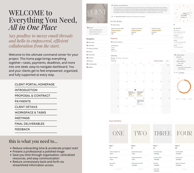Puede incluir: Una maqueta de sitio web blanca y gris con el texto "Bienvenido a todo lo que necesitas, todo en un solo lugar" y "P&aacute;gina de inicio del portal del cliente". El sitio web presenta un calendario, un flujo de trabajo del proyecto y una lista de funciones que incluyen "Introducci&oacute;n", "Propuesta y contrato", "Pagos", "Detalles del cliente", "Espacio de trabajo y tareas", "Reuniones", "Entregas finales" y "Comentarios".