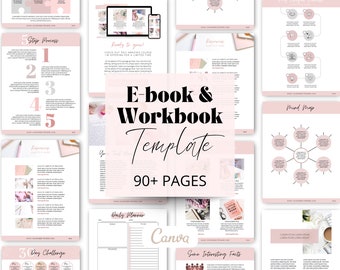 May include: A digital e-book and workbook template with a soft pink and white color scheme. The cover features the text "E-book & Workbook Template" and "90+ PAGES". The layout includes various page designs, including a 5-step process and a daily planner.