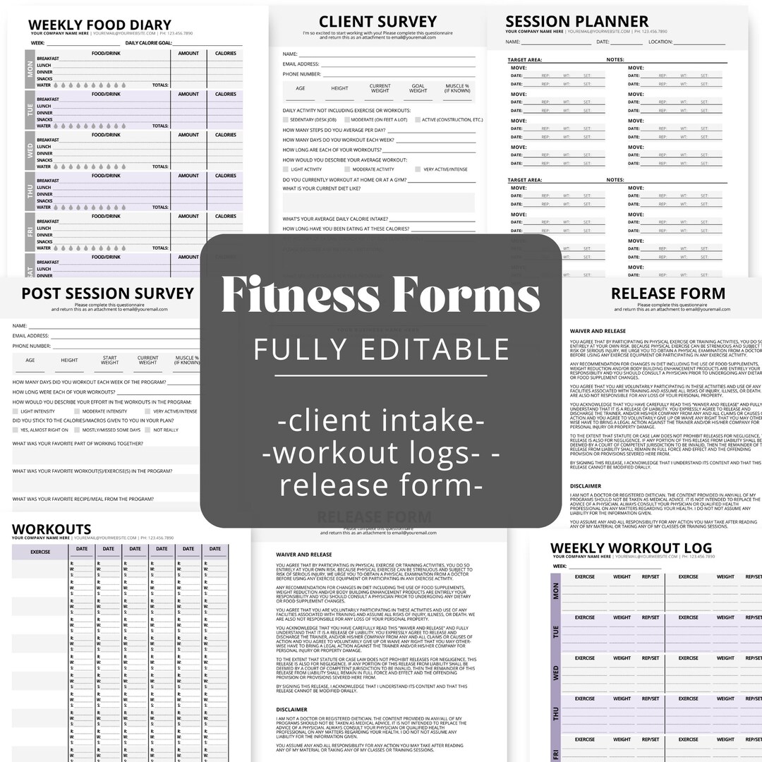 Personal Trainer Forms Editable Templates Workout Logs for Fitness Coaches Editable Personal