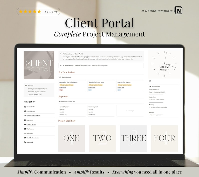 Puede incluir: Una pantalla de computadora port&aacute;til que muestra un sitio web con el texto "Client Portal" y "Complete Project Management". El sitio web est&aacute; dise&ntilde;ado para ayudar a administrar proyectos e incluye secciones para "For Your Review", "Payments", "Navigation" y "Project Workflow".