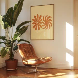 Lámina artística abstracta de flores Solcita: arte mural floral retro naranja, póster minimalista de mediados de siglo, decoración bohemia con un toque de sol. Descarga gratuita.