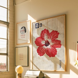 Hibiskus Linoldruck: Japanische rustikale Wanddekoration (Digitaler Download)