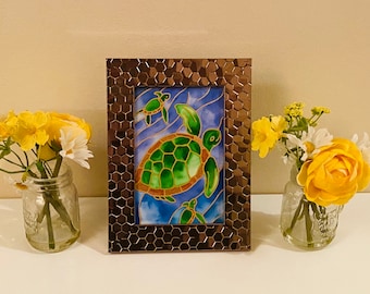 Beautiful Sea Turtles in Ocean Silk Batik Artwork Framed 6x4 Inches Unique & Original Art