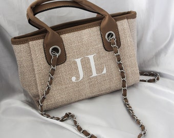 PERSONALISED INITIALS Beige Black Mini Size Handbag With Chain Detail Straps | Holiday Bag | Birthday Gift | Bride Bag