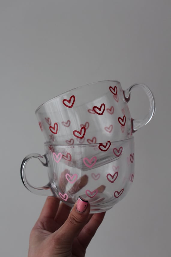 HEARTS PRINT Glass Mug | Coffee Cup | Tea Mug | Cute Mug | Hot Drinks | Gifts For Her