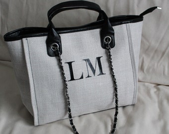 PERSONALISED INITIALS Black Beige Medium Size Handbag With Chain Detail Straps | Holiday Bag | Birthday Gift | Bride Bag