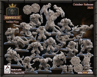 Op de afbeelding: Een verzameling grijze fantasie miniaturen, waaronder krijgers en een groot monster, met schilden en andere accessoires. De afbeelding bevat de tekst "Ironwhiskers Ratmen Proxy" en "October Release 2025". De miniaturen zijn klaar om te printen.