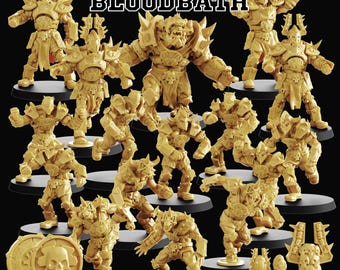 May include: A set of 15 miniature demon warrior figures in a golden color, posed in various action stances. The figures are part of a Bloodbath game set. The text "DEMON WARRIOR BLOODBATH" is displayed at the top of the image. The text "APRIL 2024" is displayed at the bottom of the image.