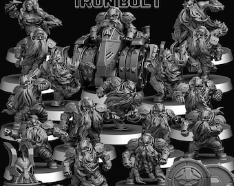 Op de afbeelding: Een set van 14 miniatuur dwergfiguren, waaronder een dwerg die een motorfiets bestuurt, allemaal geschilderd in grijstinten. De figuren maken deel uit van een fantasy- of rollenspel. De titel "DWARF IRON BOLT" wordt bovenaan de afbeelding weergegeven.