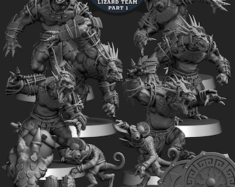 May include: A collection of gray, 3D-printed fantasy miniatures featuring lizard-like creatures in various action poses. The text "COLD BLOODED LIZARD TEAM PART 1" is displayed at the top. The miniatures are pre-supported and ready for printing.