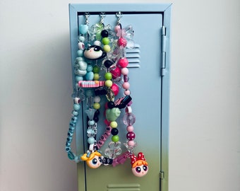 llamaface • powerpuff girls beaded phone charm strap • cartoon pastel phone chain • blossom bubbles buttercup mobile phone accessory •