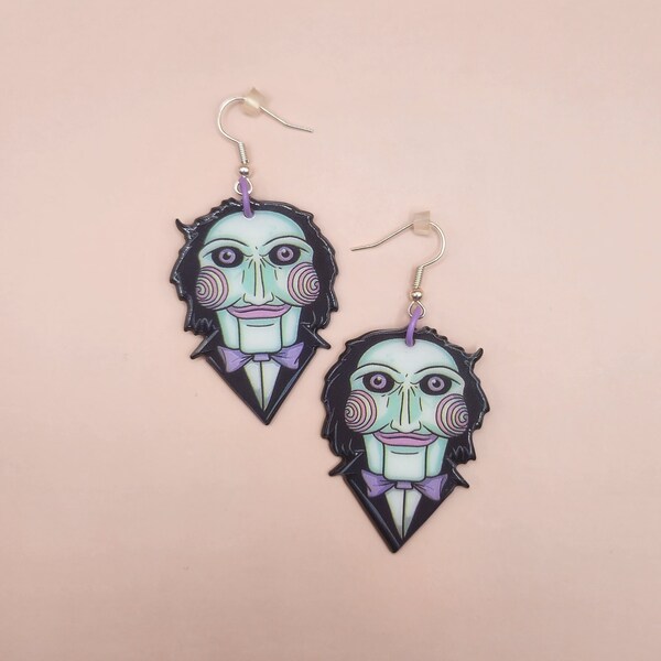 llamaface • saw puppet dangly earrings • halloween novelty earrings • horror movie lover jewellery •