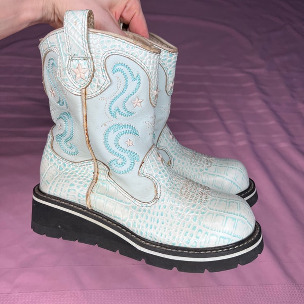 Turquoise blue Roper platform cowgirl boots celestial snake print leather western rancher space cowgirl giddy up divacore size 5.5 good cond