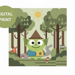 May include: Digital print featuring a whimsical forest scene with a smiling green goblin wearing a brown hat and a patchwork vest. The background includes trees, a sun, a path, and a fox. The text "DIGITAL PRINT" is in a green circle.
