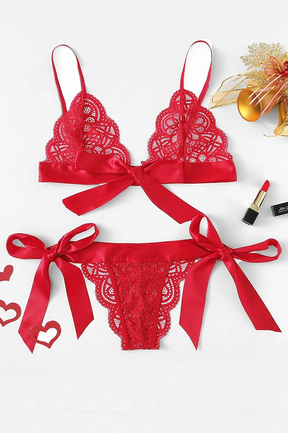 Women's Red Ribbon and Lace Bra Panty Set Etsy