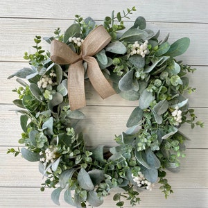 Year round lambs ear wreath, Modern farmhouse eucalyptus wreath, greenery wreath with baby's breath for front door, farmhouse decor