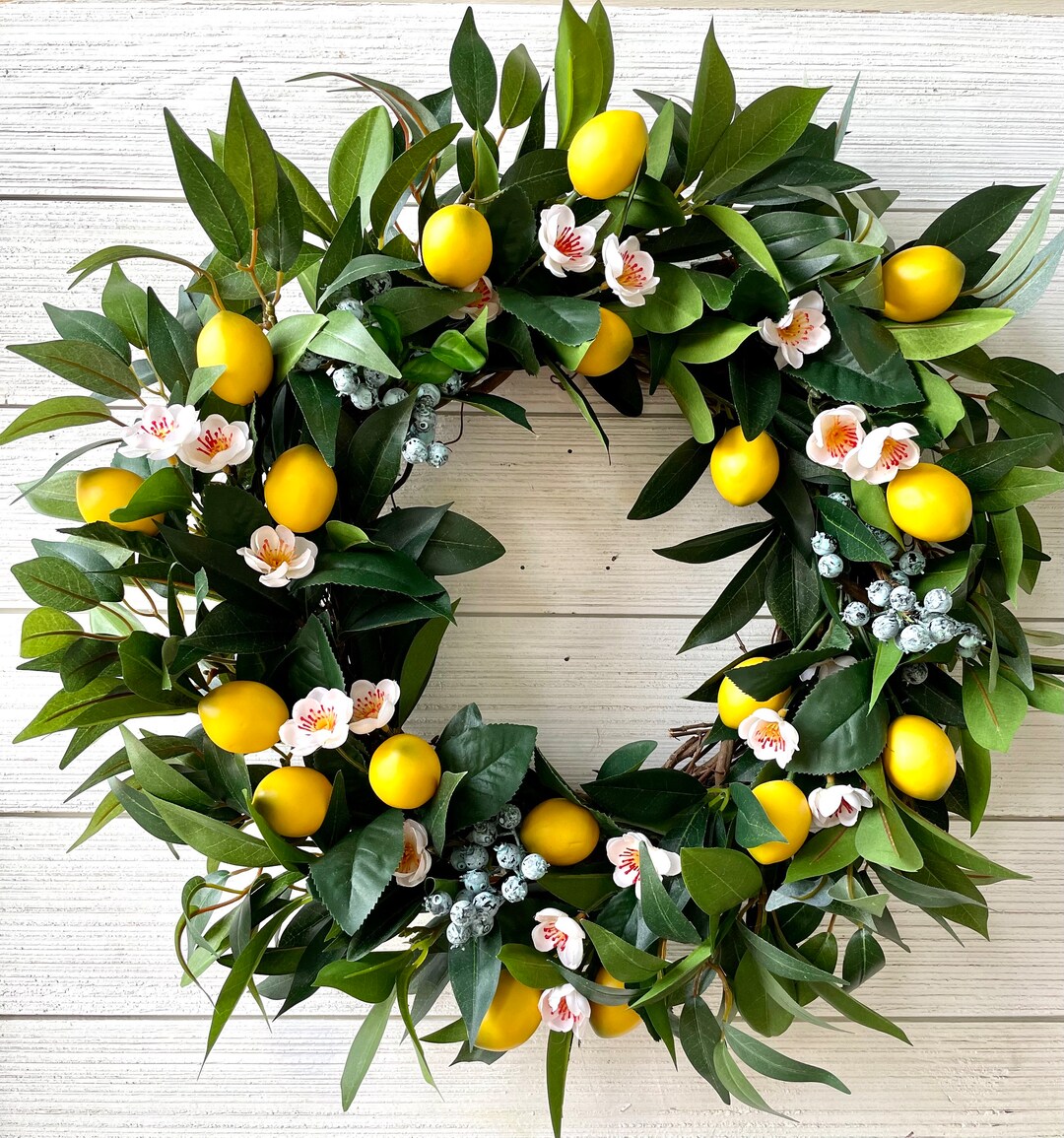Lemon and Blueberry Wreath for Front Door, Artificial Lemon Wreath, Summer Door Decor, Fruit