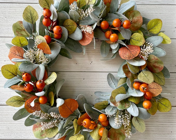Fall Lambs Ear and Berry Wreath for Front Door, Orange Berry and ...