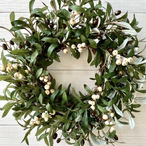 Spring Olive branch and cream berry wreath for front door, summer olive branch wreath, Year-round rustic Farmhouse olive branch wreath