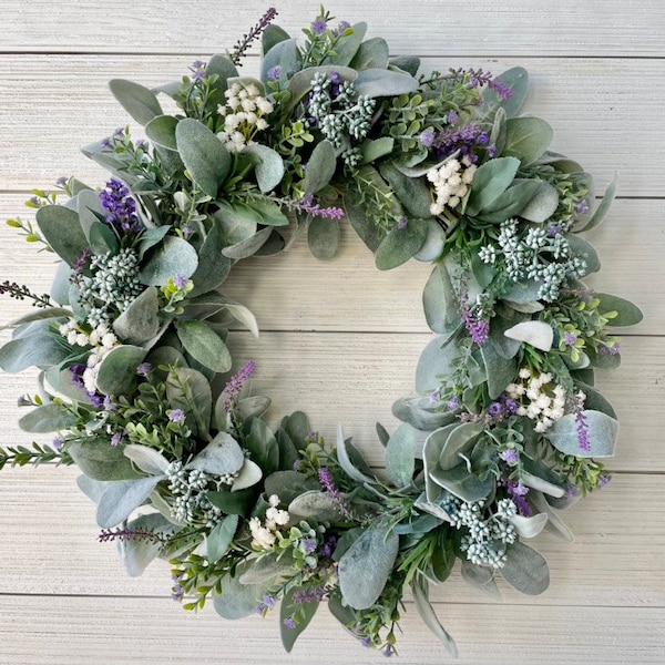 Year round lambs ear and lavender wreath, Spring farmhouse wreath for door, lavender with berry and baby's breath wreath, Summer door decor