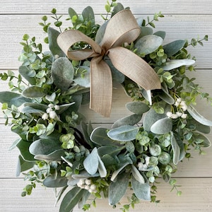 Year-round lambs ear wreath, 15" Modern farmhouse eucalyptus wreath, greenery wreath with baby's breath for front door, farmhouse decor