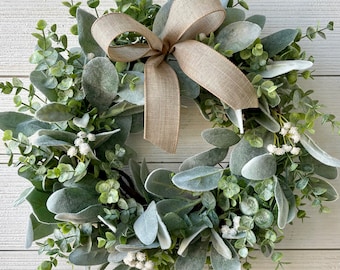 Year-round lambs ear wreath, 15" Modern farmhouse eucalyptus wreath, greenery wreath with baby's breath for front door, farmhouse decor