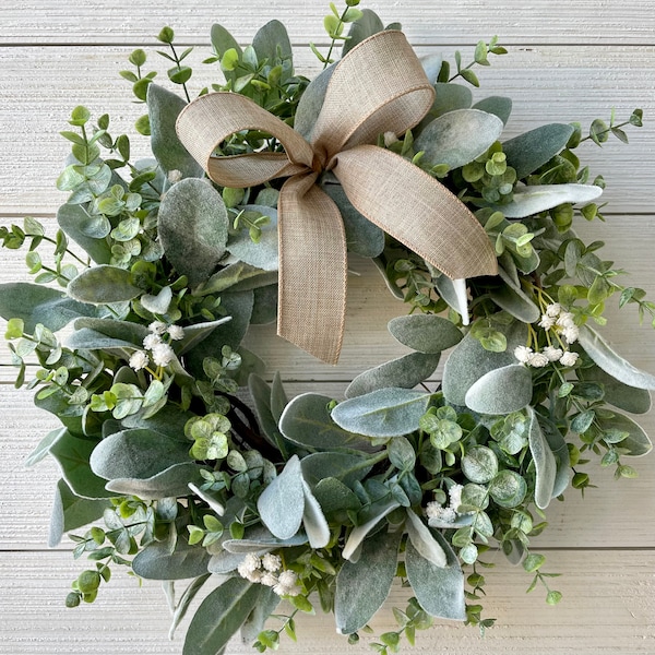 Year-round lambs ear wreath, 15" Modern farmhouse eucalyptus wreath, greenery wreath with baby's breath for front door, farmhouse decor
