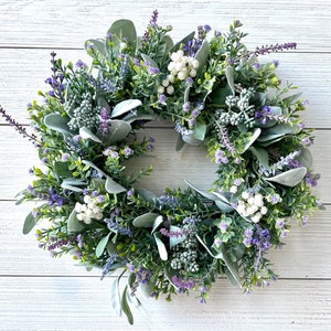 15” Year round lambs ear and lavender wreath, 15" Spring wreath for door, 15" lavender and berry and baby's breath wreath, Summer door decor