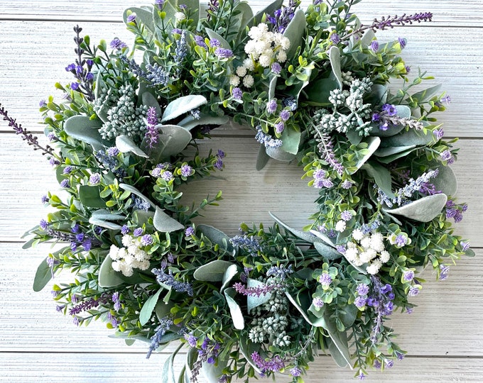 15” Year Round Lambs Ear and Lavender Wreath, 15" Spring Wreath for ...