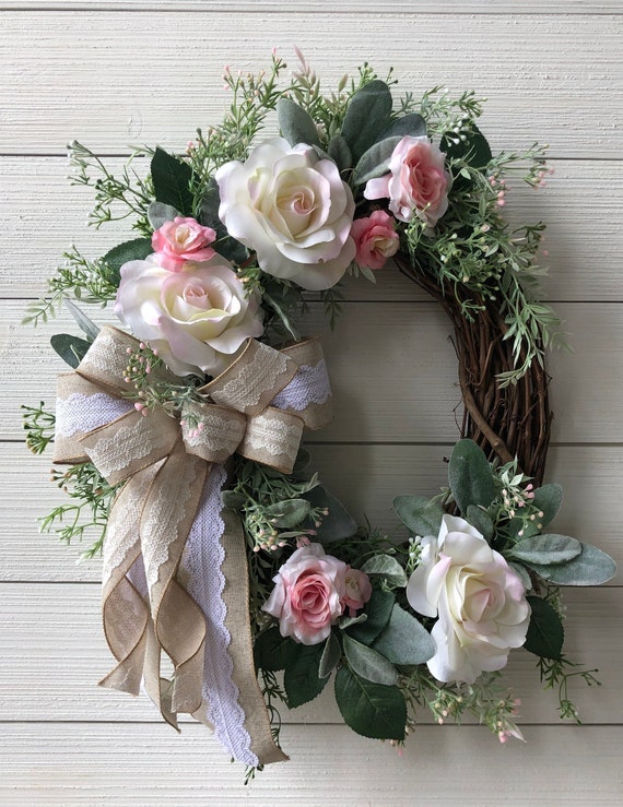 Pink & White Rose Wreath Summer Cottage Wreath for Door | Etsy