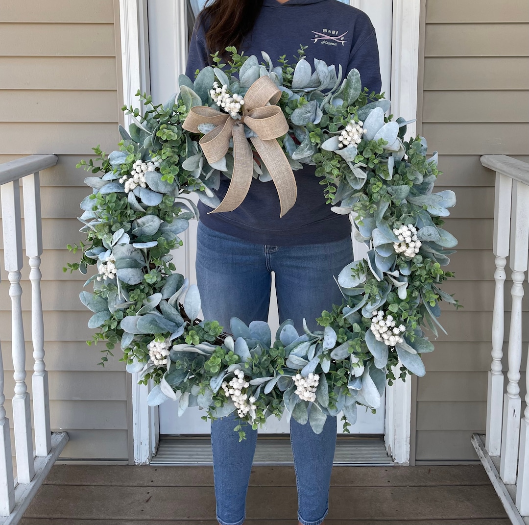 30” Year Round Lambs Ear Wreath, Modern Farmhouse Eucalyptus Wreath ...