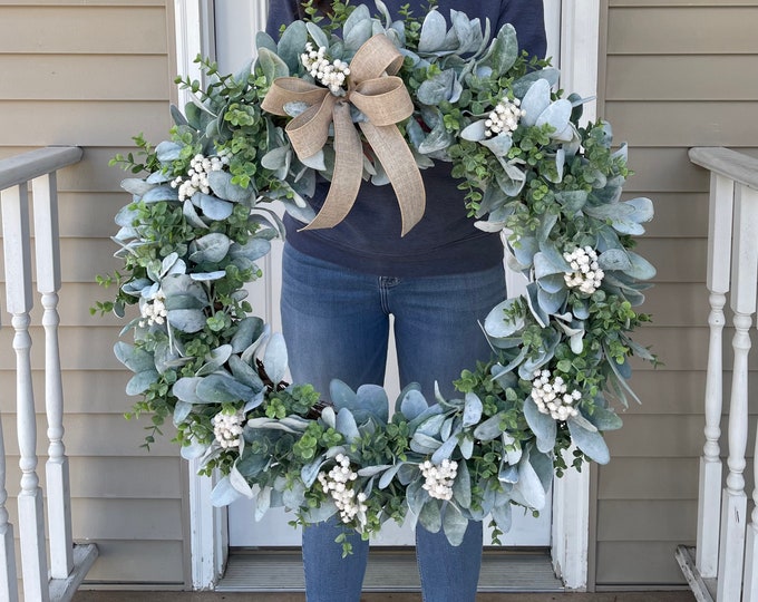 30” Year Round Lambs Ear Wreath, Modern Farmhouse Eucalyptus Wreath ...