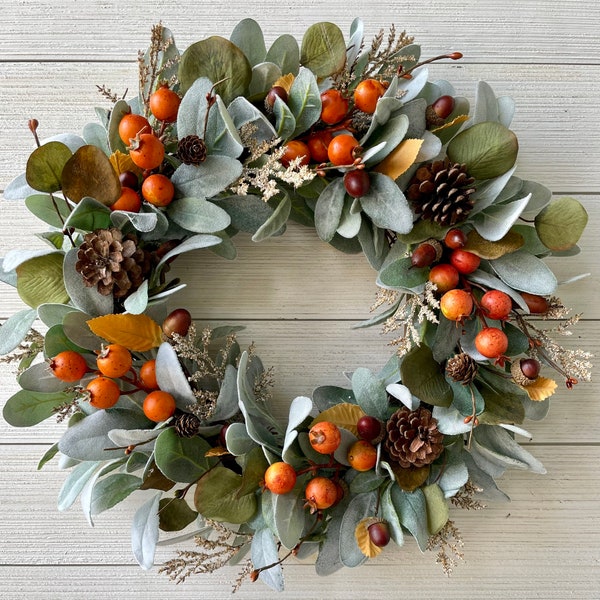 Fall lambs ear and berry wreath for front door, modern rustic woodland wreath, pinecone and berry wreath, neutral farmhouse wreath for door