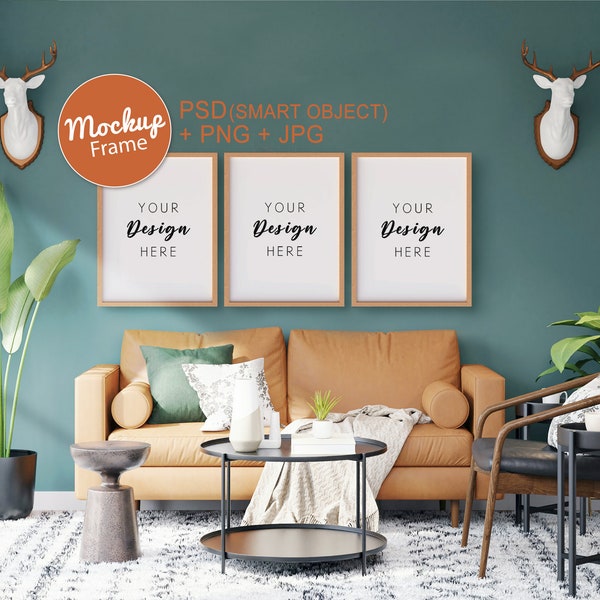 Set of 3 Mockup Frames, Living Room Interior Mockup, 3 Frame Mockup, Wood Frame Mockup, 3 Vertical Frame, Set of 3 Gallery Wall Mockup Frame