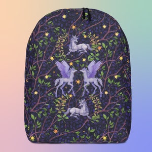May include: A black backpack with a whimsical design featuring three white unicorns with purple wings and gold stars on a dark blue background with green leaves.