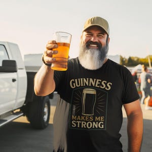 May include: A man wearing a black t-shirt with the Guinness logo and the text "MAKES ME STRONG" holds up a glass of beer. He is wearing a baseball cap and has a long, gray beard. A white truck is in the background.