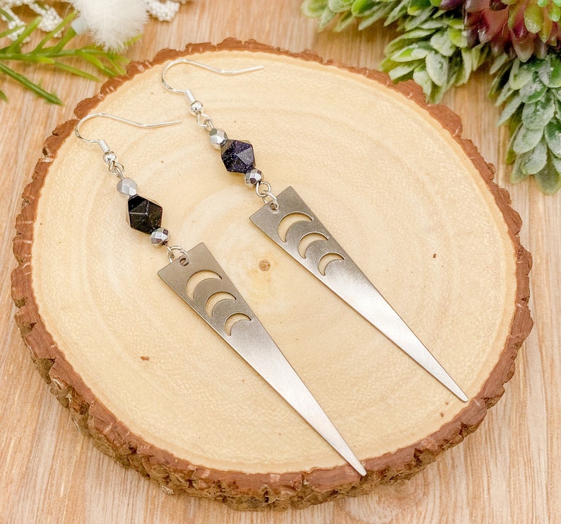 blue sandstone and stainless steel moon phase earrings Gemstone earrings
