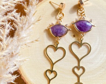 amethyst earrings, gemstone heart earrings, gemstone love earrings, valentines earrings, protection stone earrings
