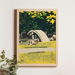 Stone Bridge by Okiie, 1961, Japanese Showa period woodblock print, mid-century landscape wall art, traditional Japan decor poster