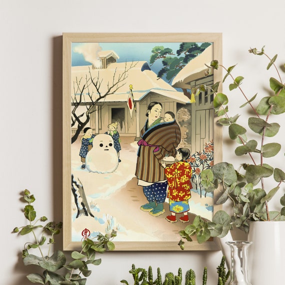 雪だるまと雪うさぎ、日吉守、1950 年代の浮世絵、日本の冬の風景