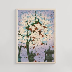 Flores de cerezo, el santuario Thoshogu en Ueno - Impresión de arte Kasamatsu Shiro Ukiyo-e, pintura japonesa de Sakura, decoración de pared vintage