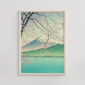 Mt Fuji from Kishio, Kawase Hasui, 1930s, iconic Japanese woodblock art, Mt Fuji print, tranquil nature scene, traditional ukiyo-e style