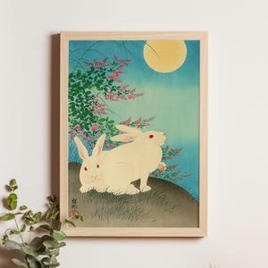 Kaninchen und der Mond, Ohara Koson, 1931, japanischer Shin-Hanga-Holzschnitt Wildtiere Natur Vogel-Blumen-Kunstplakat