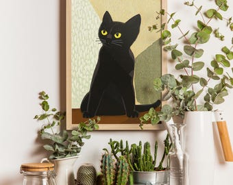 黒猫、稲垣智雄、1940年代頃、ミニマルな日本の動物の版画