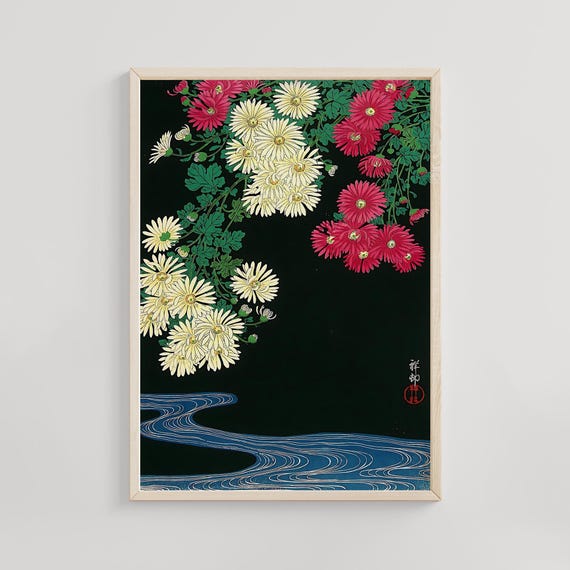 菊と流水図、小原古邨、1930年、日本の木版画、花柄の壁装飾 